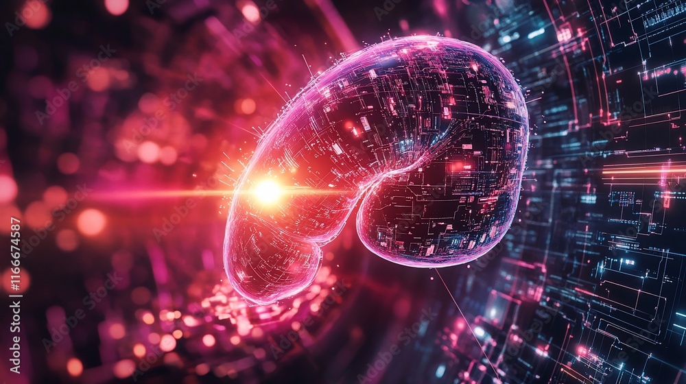 Poster Abstract digital kidney glowing with data streams.