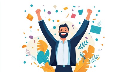 Celebrating Success A Happy Man Rejoices Amidst Confetti and Festive Decorations