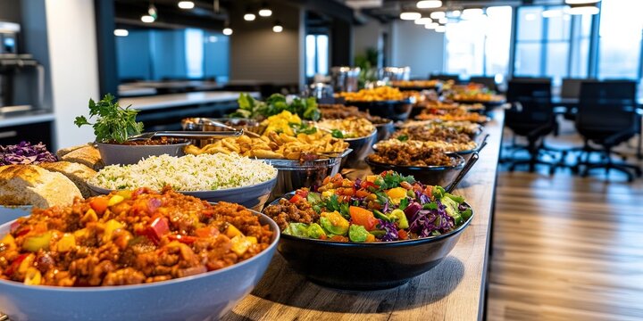 A vibrant office setting featuring a large, long table covered with a variety of delicious potluck dishes. 