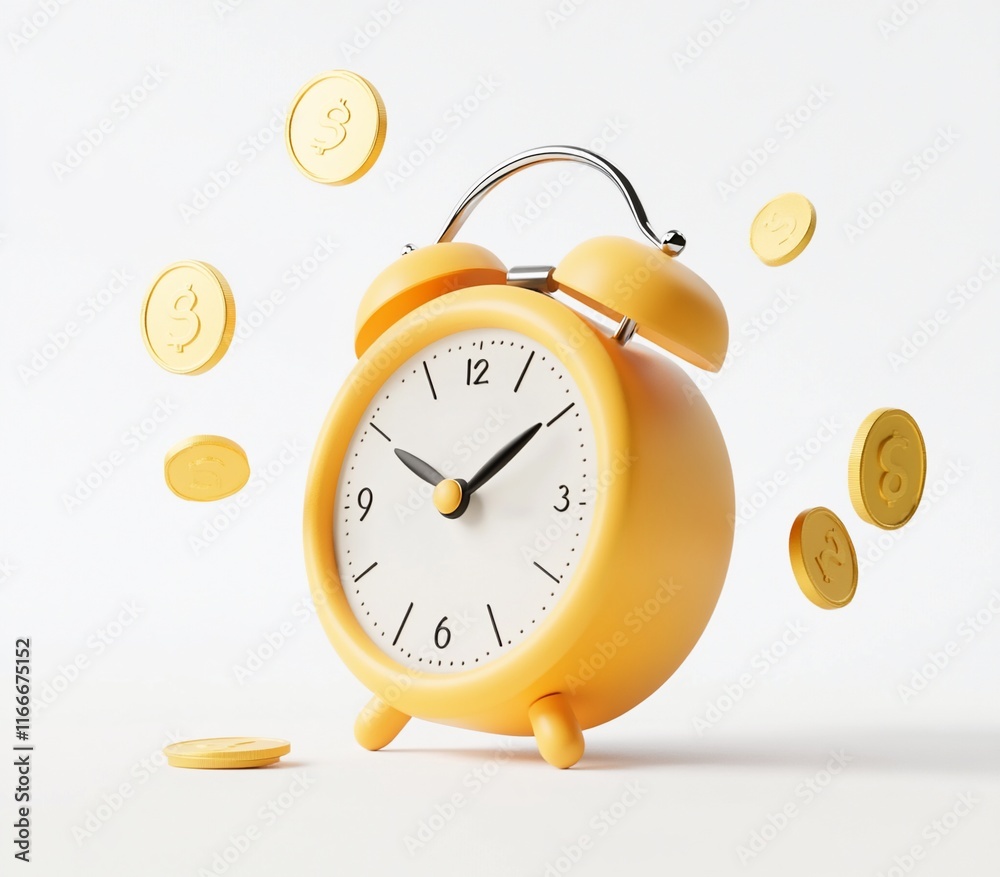 Poster yellow alarm clock with gold coins floating around it, symbolizing time is money.