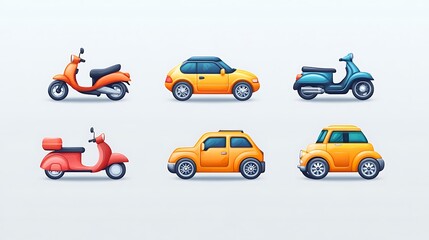 Naklejka premium Vibrant cars and scooters display urban setting digital illustration