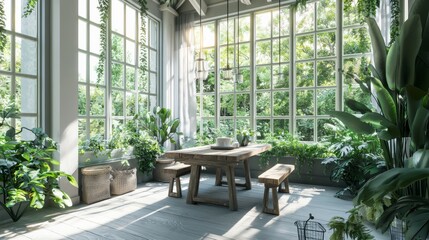 Fototapeta premium Serene Biophilic Design Breakfast Nook with Rustic Table and Greenery - 3D Render Illustration