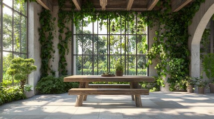 Serene Biophilic Design Breakfast Nook with Cozy Rustic Table and Sunlit Greenery | 3D Rendered Home Interior Illustration