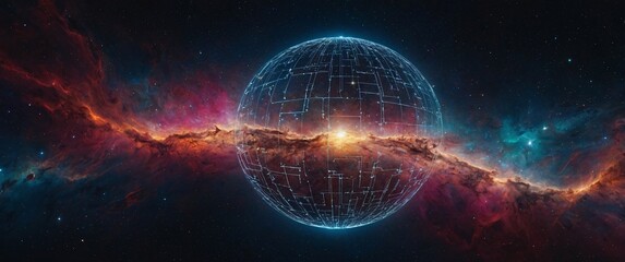 Obraz premium Cosmic Sphere: A glowing orb of interconnected lines floats against a breathtaking backdrop of vibrant nebulas, evoking the beauty and mystery of the cosmos.