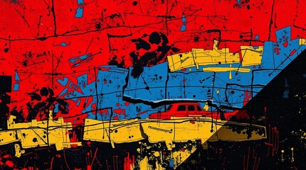Fototapeta premium Abstract art featuring a red, blue, and yellow composition with a car silhouette and splatters
