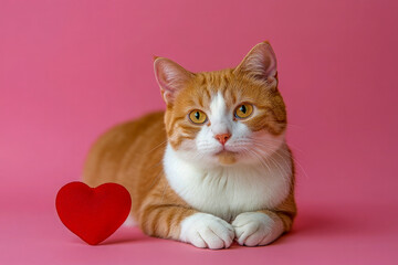 Closeup shot of an orange and white cat laying down on a pink background with a red heart