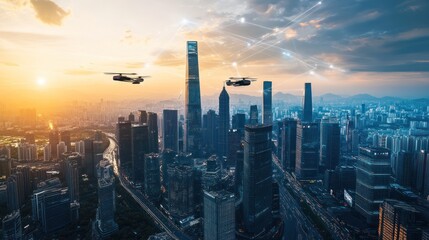 Fototapeta premium A futuristic city skyline with drones flying over skyscrapers at sunset.