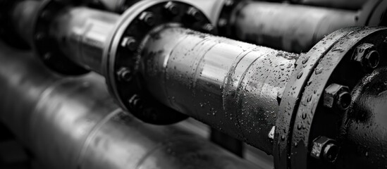 Closeup view of weathered and rusted mechanical gears pipes and steel components in a dark gritty industrial background  The monochrome color palette and abstract patterns create a moody