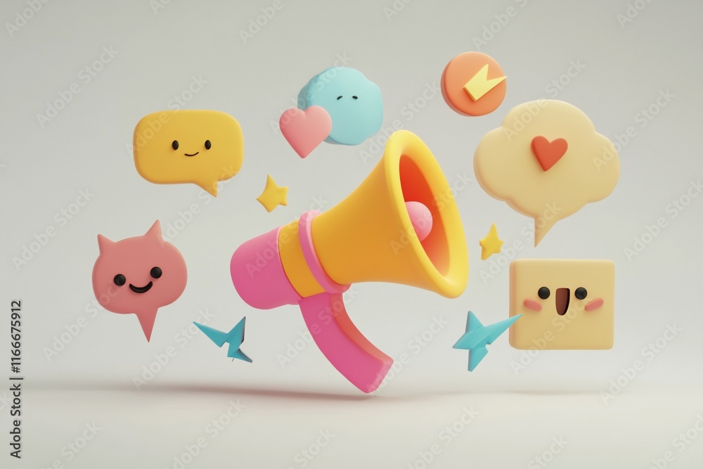 Poster 3d render of a megaphone with colorful cartoon speech bubbles and emoticons, symbolizing social medi