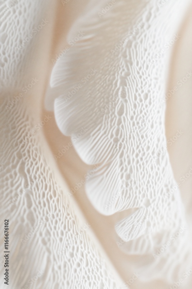Poster close-up of delicate, creamy white fabric with intricate lace-like texture, creating soft folds and 
