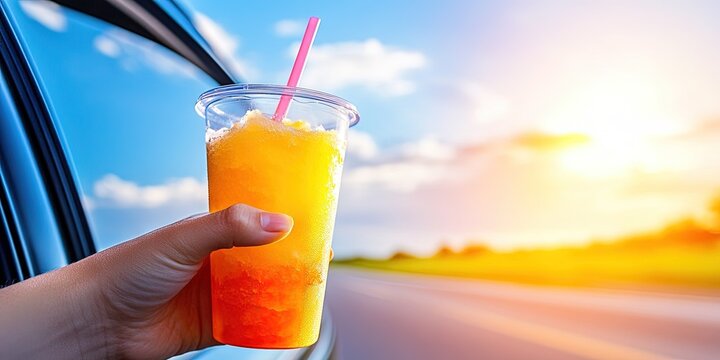 A full arm extending out of a car window holding a slush drink in a clear plastic cup with cap with a straw, bright and sunny background with a blue sky 