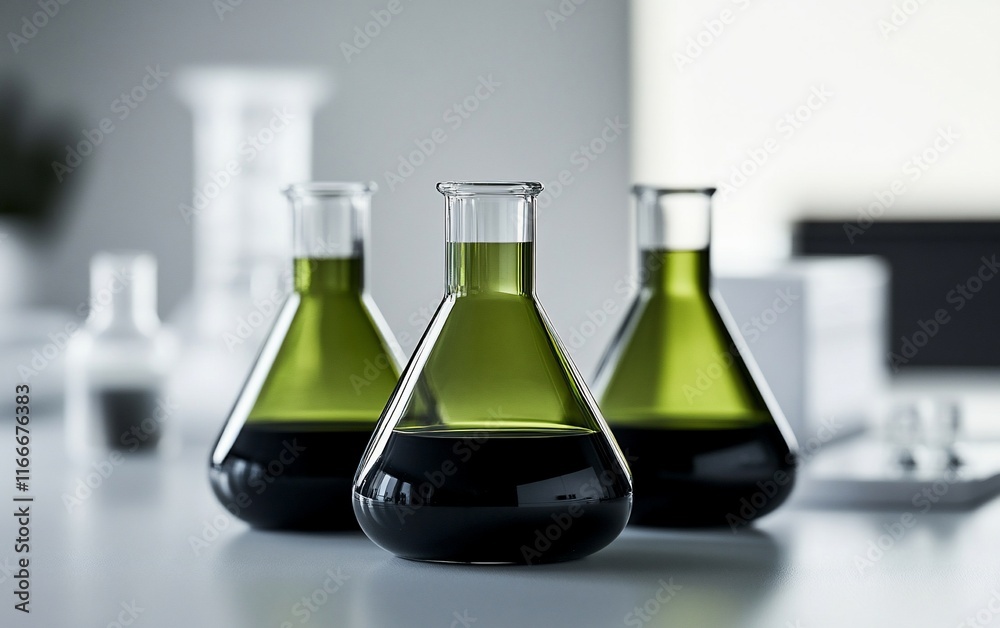 Aufkleber three erlenmeyer flasks filled with dark green liquid sit on a lab table.