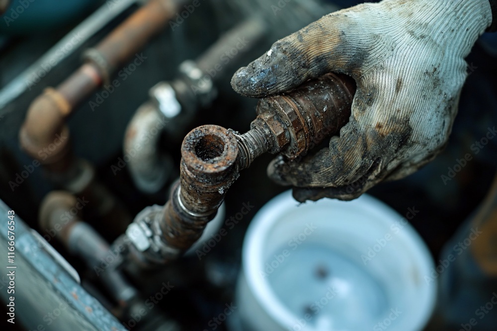 Poster close-up of dirty hands in gloves holding rusty pipe fitting.
