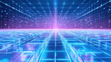 Digital Grid: A vibrant and abstract digital grid stretches endlessly, pulsing with neon blue and pink hues. The grid's geometric shapes create a sense of depth and perspective.