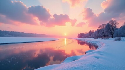 Serene Winter Sunset over a Frozen River with Pink Hues Reflecting on the Icy Waters