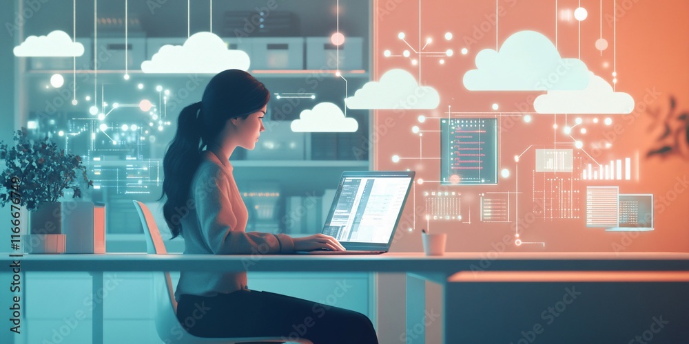 Aufkleber woman working on laptop with cloud computing interface.