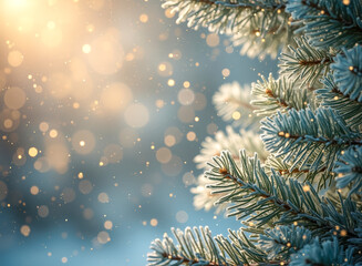 frost-covered evergreen branch soft sunlight