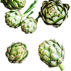 Fresh artichokes, close-up view, isolated on black background.