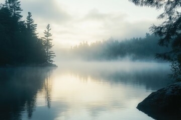 Fototapeta premium Foggy lake with tree-lined shore