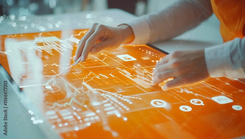 Fototapete Person using futuristic transparent touchscreen interface with glowing orange data visualizations.