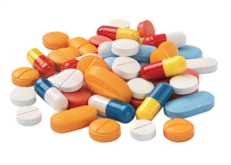 Pile of Colorful Pills and Capsules - Close-up of a variety of colorful pills and capsules in different shapes and sizes, representing medicine and healthcare.