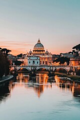 Fototapeta premium Saint Peters Basilica Rome at Sunset: A Serene View across the Tiber River