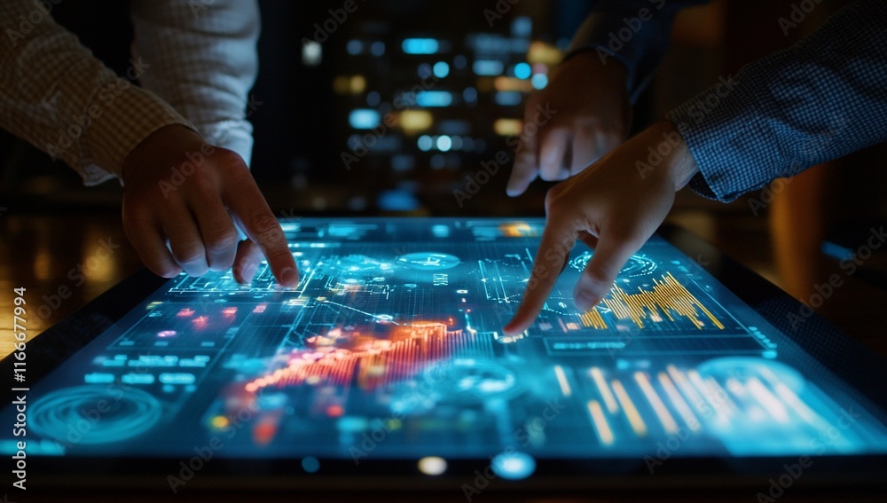 Aufkleber Team collaborating on interactive digital display showing data analytics.