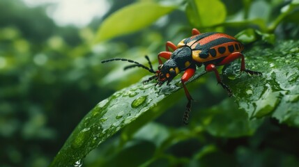 Colorful Beetle Resting on Wet Jungle Leaves