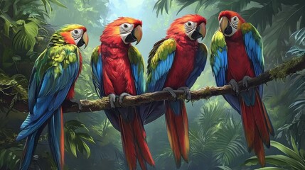 Obraz premium Colorful Birds Perched Among Vibrant Jungle Vines