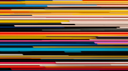 Vibrant abstract lines in motion create chaotic yet harmonious texture, showcasing blend of colors like red, yellow, blue, and black. This dynamic composition evokes energy and creativity