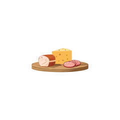 Flat vector illustration of cheese and meat on a wooden plate, white background, high resolution, no text, colorful, simple design, professional t-shirt design vector art style, no mockup effect, soli