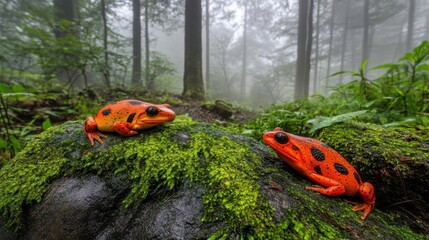 Obraz premium Colorful Frogs on Mossy Stones in Misty Jungle
