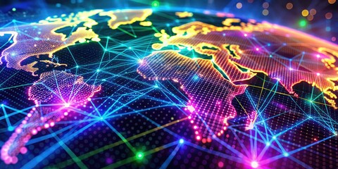 Obraz premium Abstract neon map: intricate wave patterns, gradient lines visualizing big data connections.