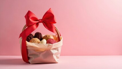 A delightful assortment of assorted chocolates in a charming basket adorned with a vibrant red ribbon, perfect for a sweet gift or celebratory occasion.