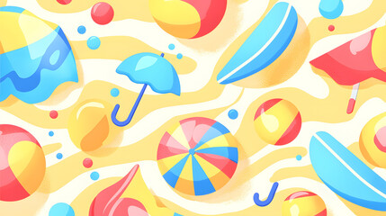cheerful summer inspired pattern featuring colorful beach balls, umbrellas, and surfboards on bright yellow background, evoking fun and vibrant atmosphere