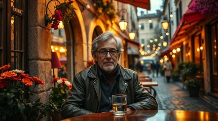Obraz premium Thoughtful elderly man sitting at a table in a charming street cafe with warm evening lights