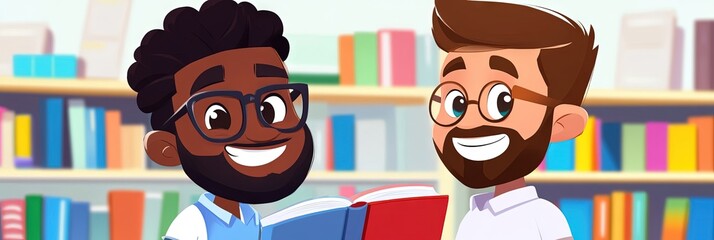 2D animation cartoon of black man and white man shopping in book store, bright, modern 