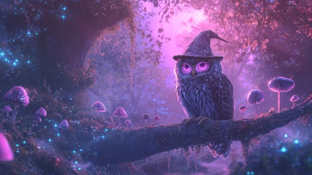 Mystic Owl Sorcerer in Enchanted Forest - Magical Nature Scene with Glowing Mushrooms and Fireflies