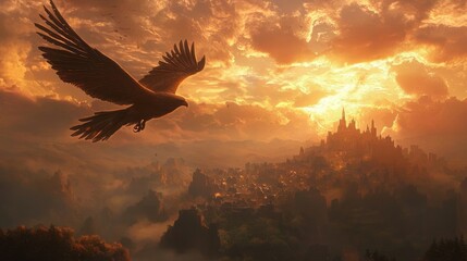Glowing Feathered Eagle Soaring Over Medieval Landscape with Castles and Villages Below