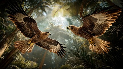 Eagles Gliding Through Dense Jungle Canopies