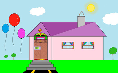 painting of a cottage house with greenery and balloons