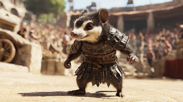 Brave Skunk Gladiator Entering Arena to Defend Title - Ultra-Detailed Animal Costume Concept