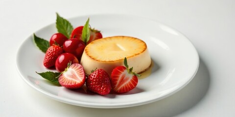 Creamy Dessert Delight with Fresh Strawberries and Cherries on a White Plate