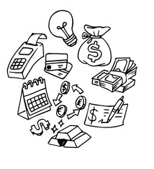 Money and finance doodle set. Dollar Banknotes, coins, money bag in sketch style. Banking related elements.
