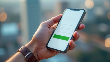 Businessman filling online form on smartphone in city center at sunset