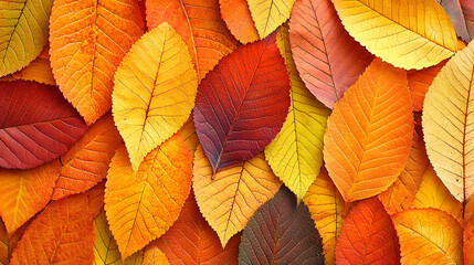Obraz premium Vibrant close up of layered autumn leaves in rich shades of orange, yellow, and red, showcasing beauty of nature seasonal transformation