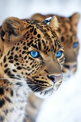 Obraz premium Stunning Close-Up of Two Amur Leopards in Snowy Winter Habitat