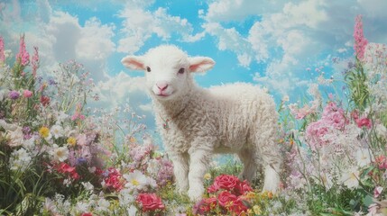 Obraz premium Innocent Joy - Sweet Lamb Frolicking in Vibrant Pasture with Wildflowers | Ultra-Detailed Photograph