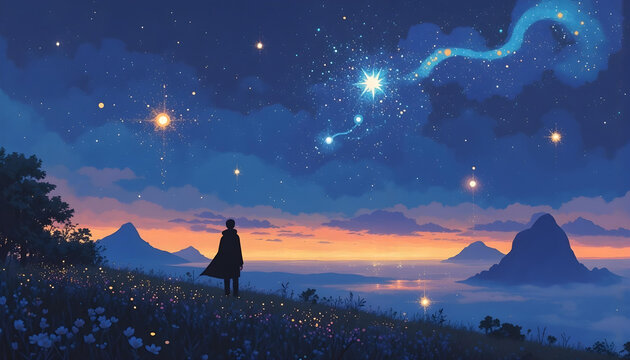 Paisaje nocturno con serpientes volando en el cielo