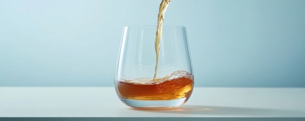 Amber Liquid Pouring into a Crystal Glass on a White Table Against a Light Blue Background: A Study in Still Life Photography